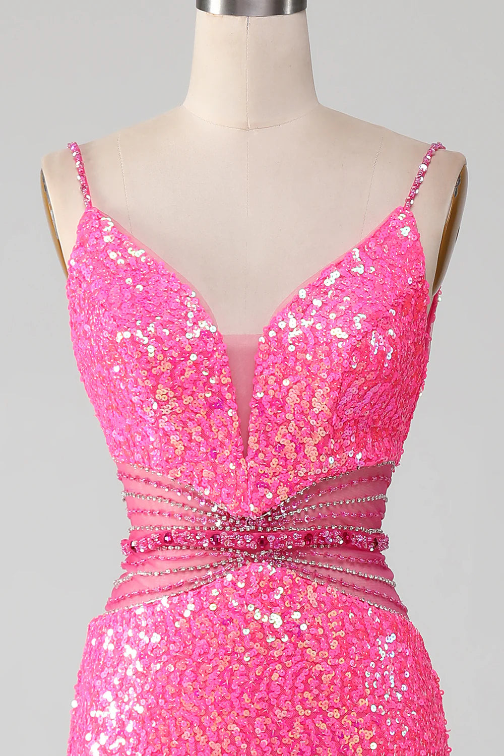 Hot Pink Slim Fit Italian Noodle Strap Sparkling Waist Mermaid Ball Dress