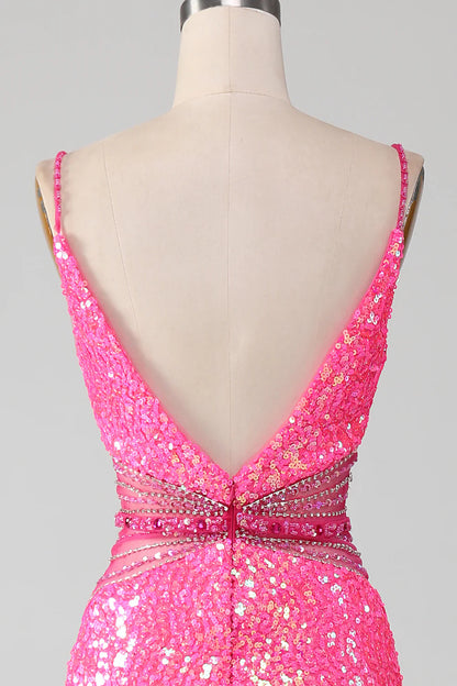 Hot Pink Slim Fit Italian Noodle Strap Sparkling Waist Mermaid Ball Dress