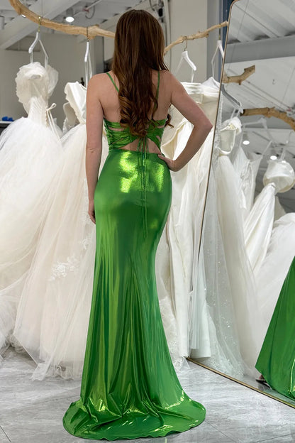 Green slim fit mermaid spaghetti strap long metal slit ball dress
