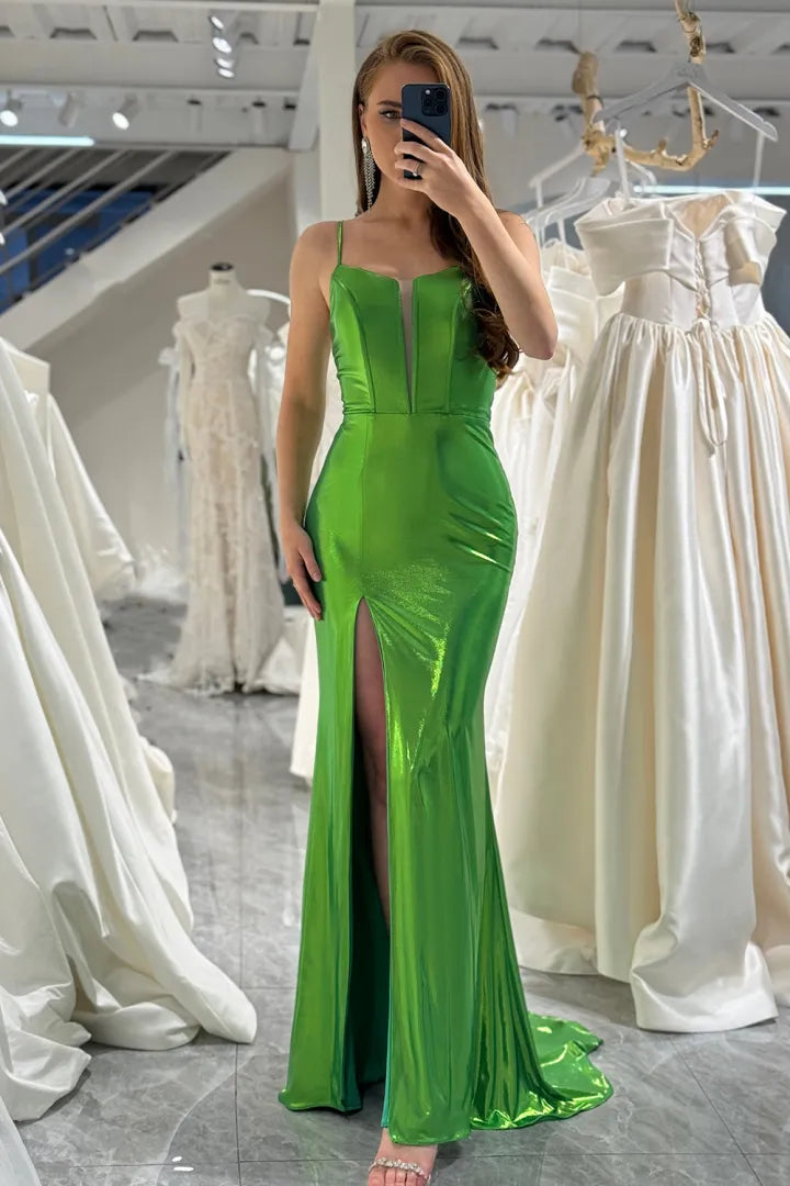 Green slim fit mermaid spaghetti strap long metal slit ball dress