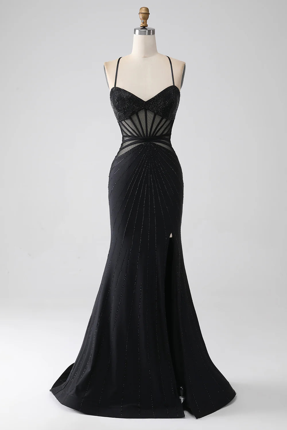 Slim fit elegant mermaid black spaghetti strap long slim fit ball dress