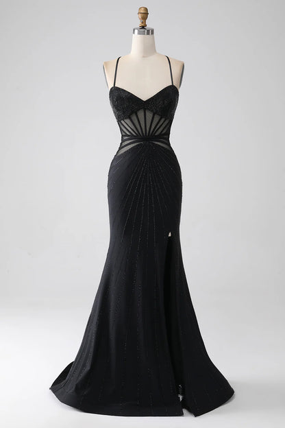 Slim fit elegant mermaid black spaghetti strap long slim fit ball dress