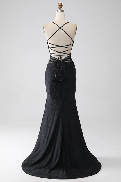 Slim fit elegant mermaid black spaghetti strap long slim fit ball dress