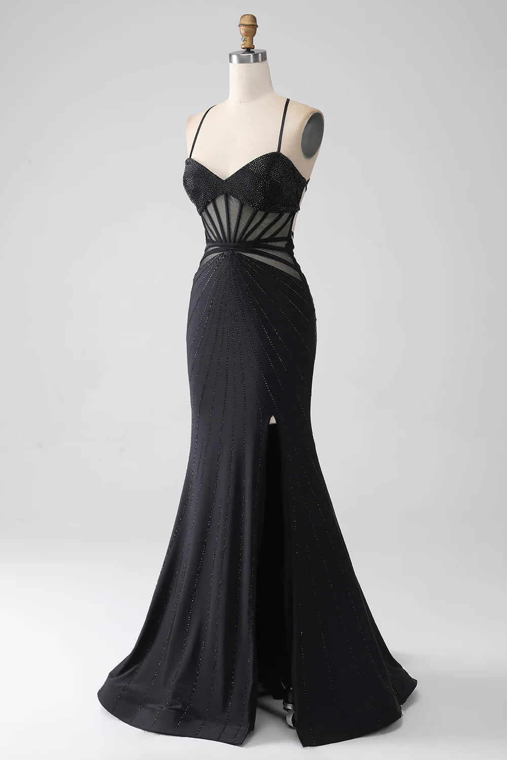 Slim fit elegant mermaid black spaghetti strap long slim fit ball dress