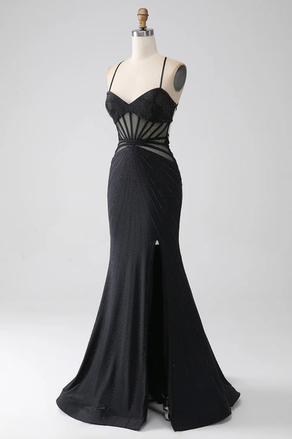 Slim fit elegant mermaid black spaghetti strap long slim fit ball dress