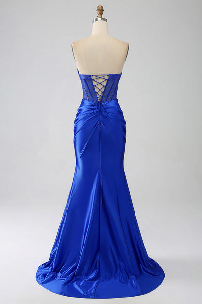 Slim fit mermaid sexy strapless navy blue tight chest ball dress