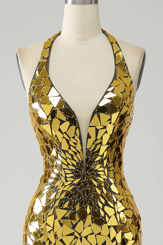 Golden Elegant Slim Fit Mermaid Halter Deep V-neck Mirror Free High Split Ball Dress