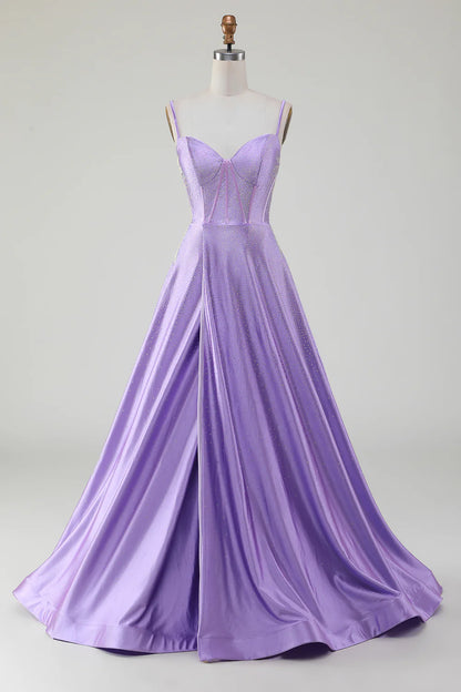 Simple and shiny lilac A-line side slit tight fitting corset with rhinestones