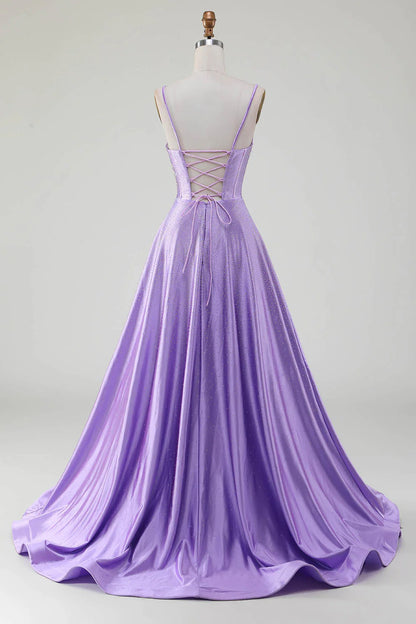Simple and shiny lilac A-line side slit tight fitting corset with rhinestones