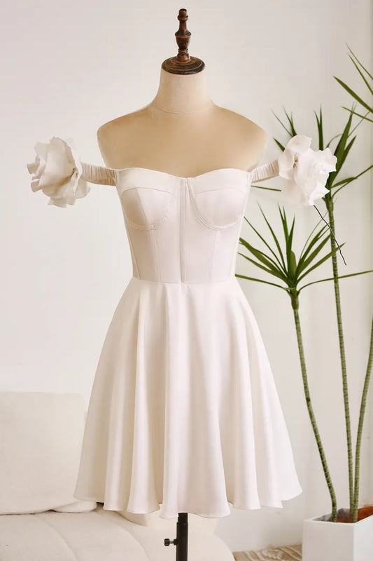 White A-line sexy off shoulder flower graduation dance party cocktail dress