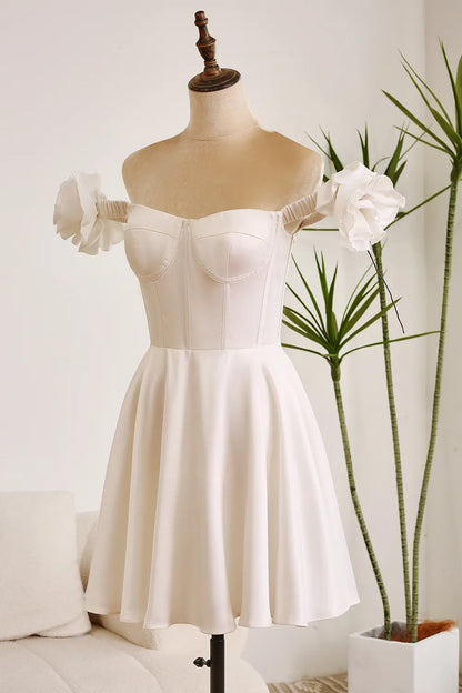 White A-line sexy off shoulder flower graduation dance party cocktail dress