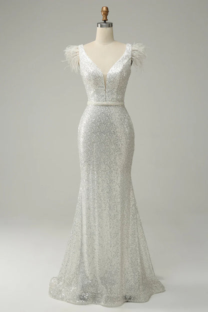 White sequin sexy V-neck mermaid long feather ball dress