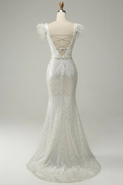 White sequin sexy V-neck mermaid long feather ball dress
