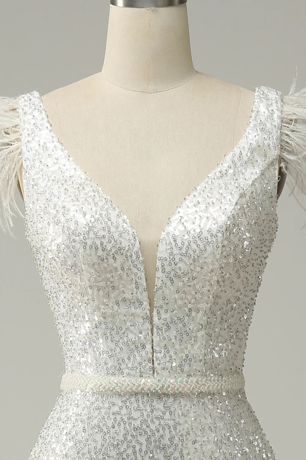 White sequin sexy V-neck mermaid long feather ball dress