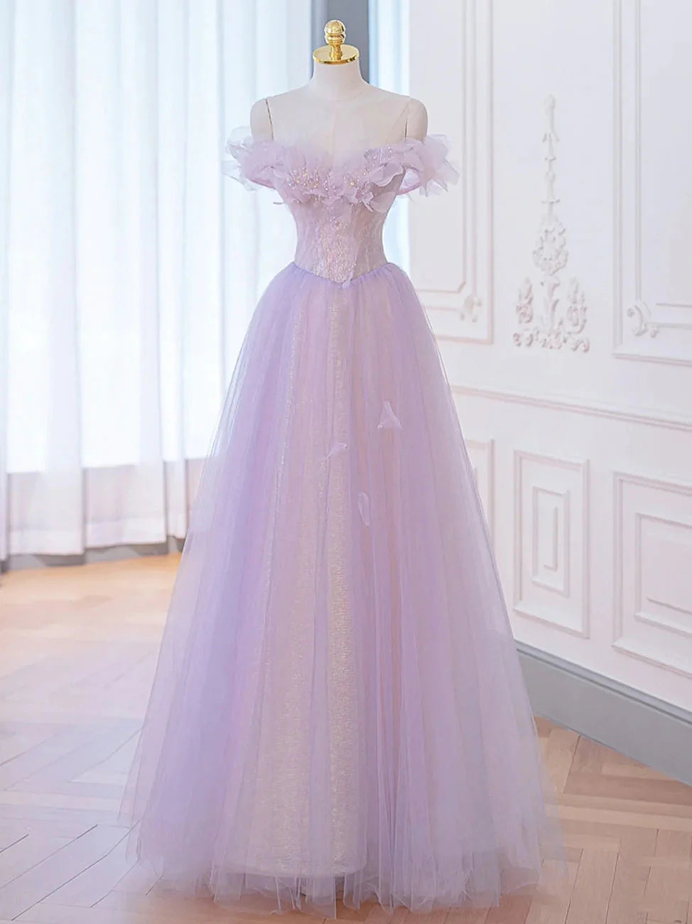 A-Line Purple Off Shoulder Long Prom Dress Purple Formal Prom Dresses