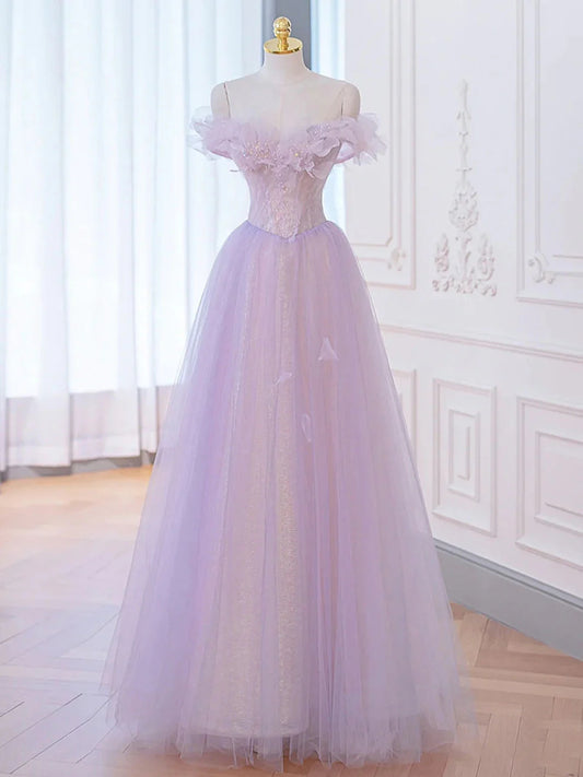 A-Line Purple Off Shoulder Long Prom Dress Purple Formal Prom Dresses