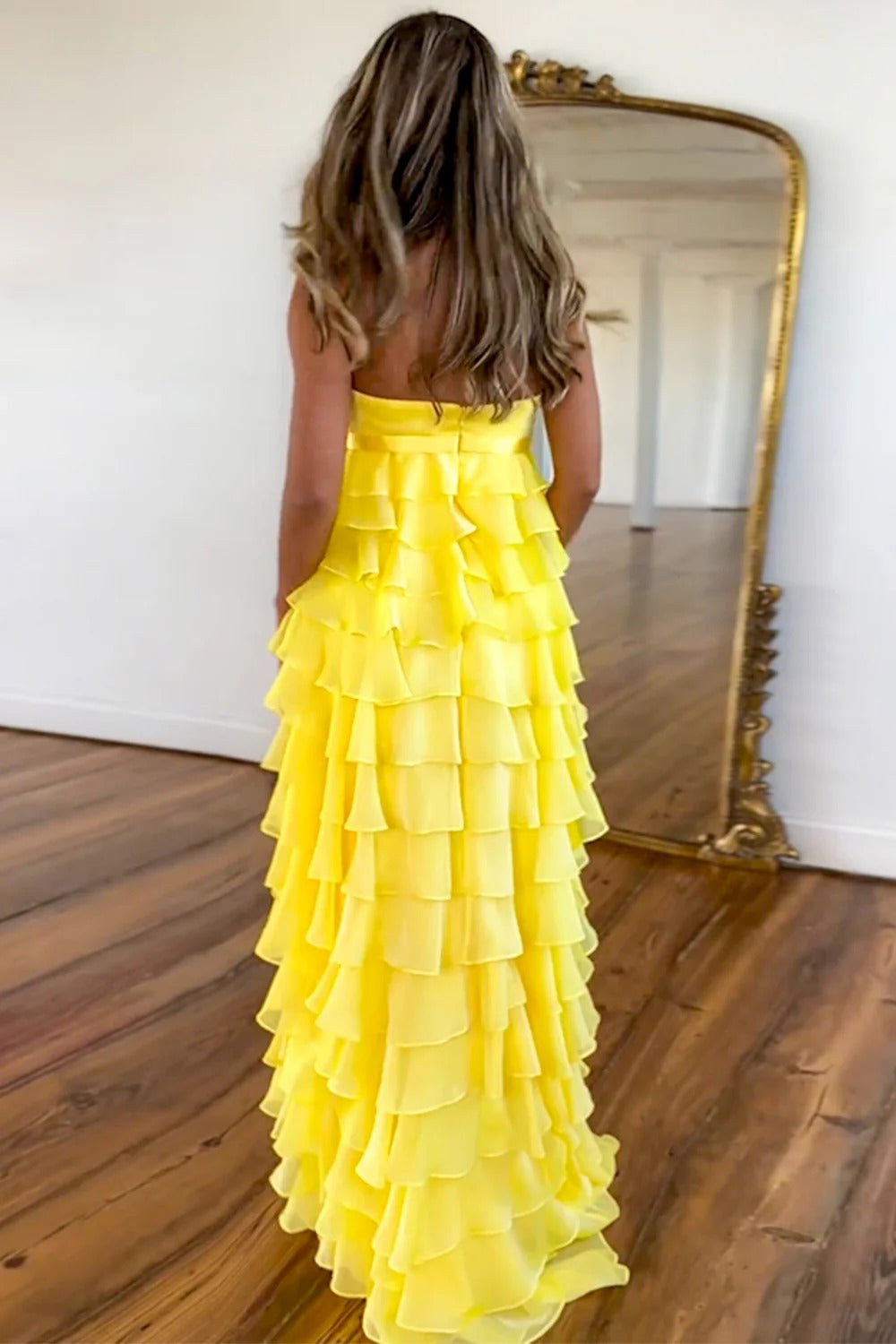 Yellow Maxi Prom Dresses with Strapless Bodice Satin Bow Tiered Chiffon Ruffles and Train