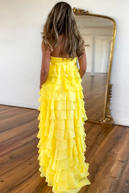 Yellow Maxi Prom Dresses with Strapless Bodice Satin Bow Tiered Chiffon Ruffles and Train