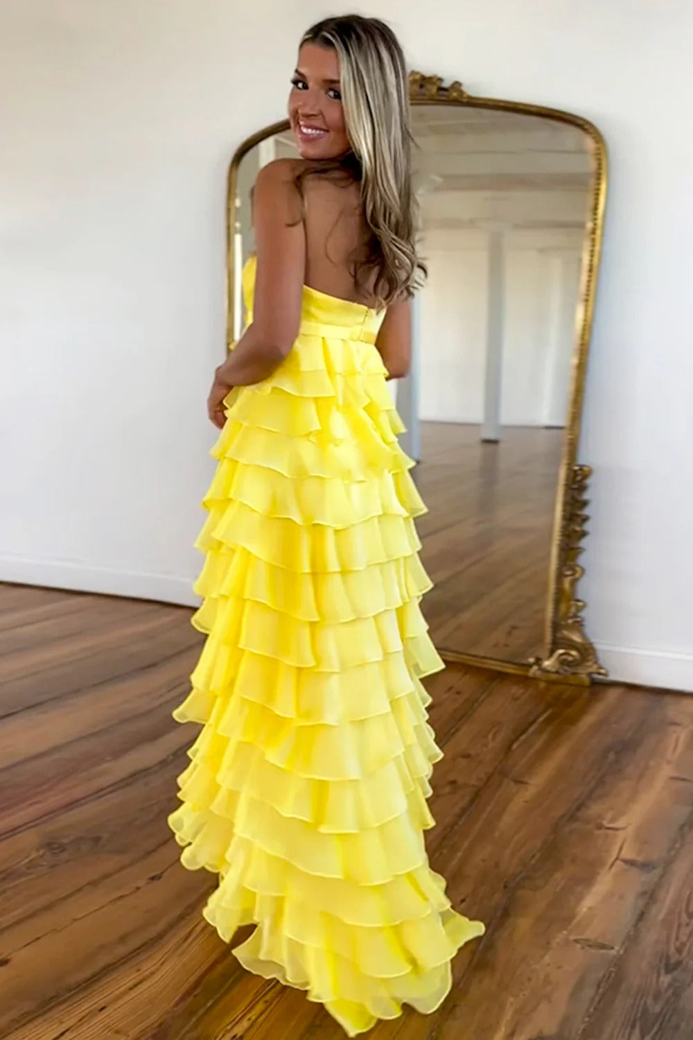 Yellow Maxi Prom Dresses with Strapless Bodice Satin Bow Tiered Chiffon Ruffles and Train