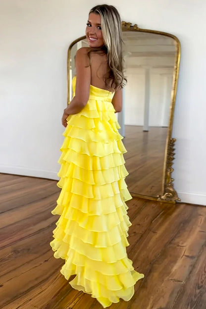 Yellow Maxi Prom Dresses with Strapless Bodice Satin Bow Tiered Chiffon Ruffles and Train