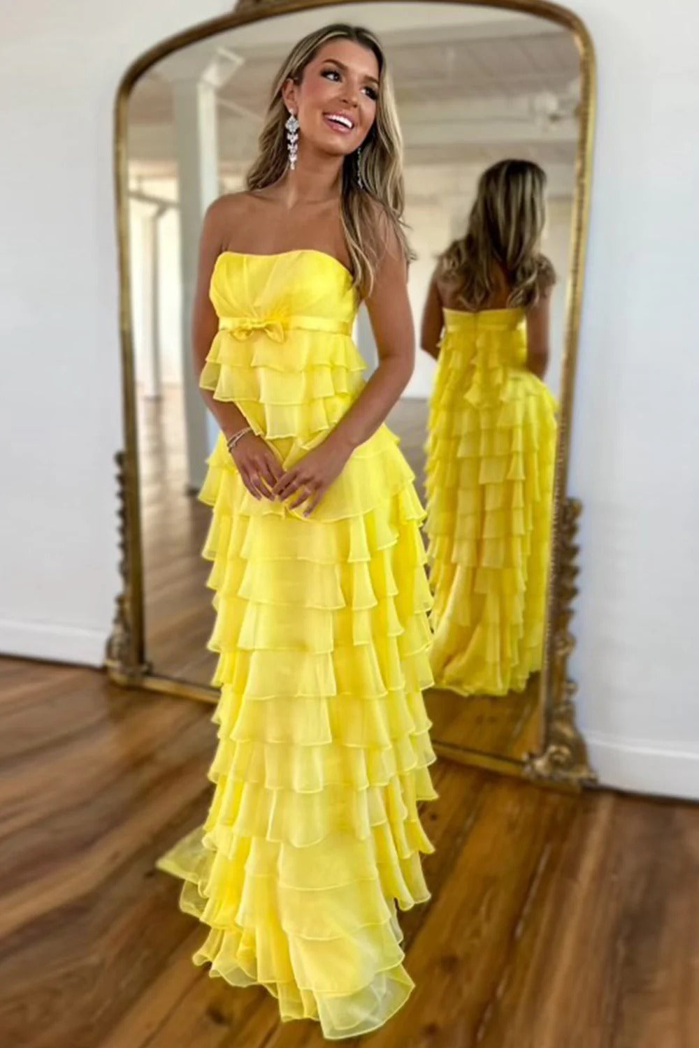 Yellow Maxi Prom Dresses with Strapless Bodice Satin Bow Tiered Chiffon Ruffles and Train
