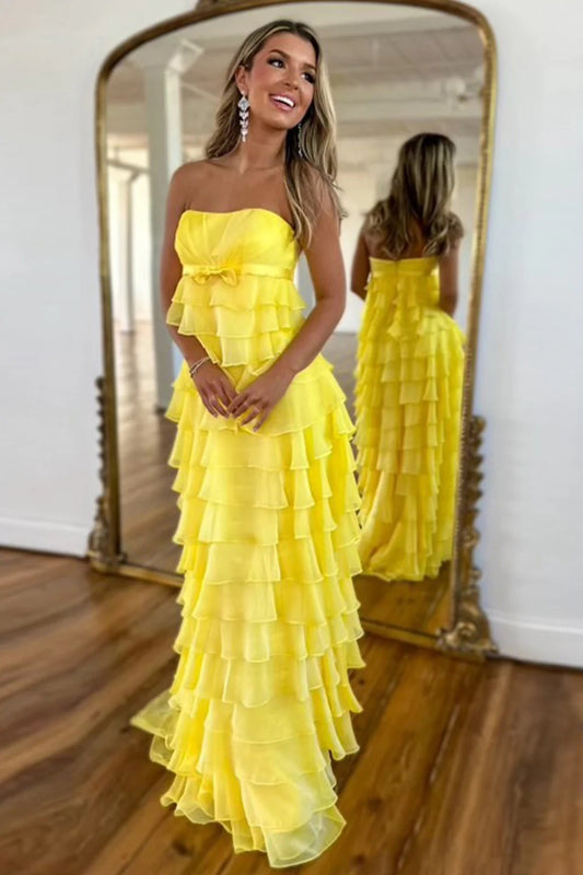 Yellow Maxi Prom Dresses with Strapless Bodice Satin Bow Tiered Chiffon Ruffles and Train