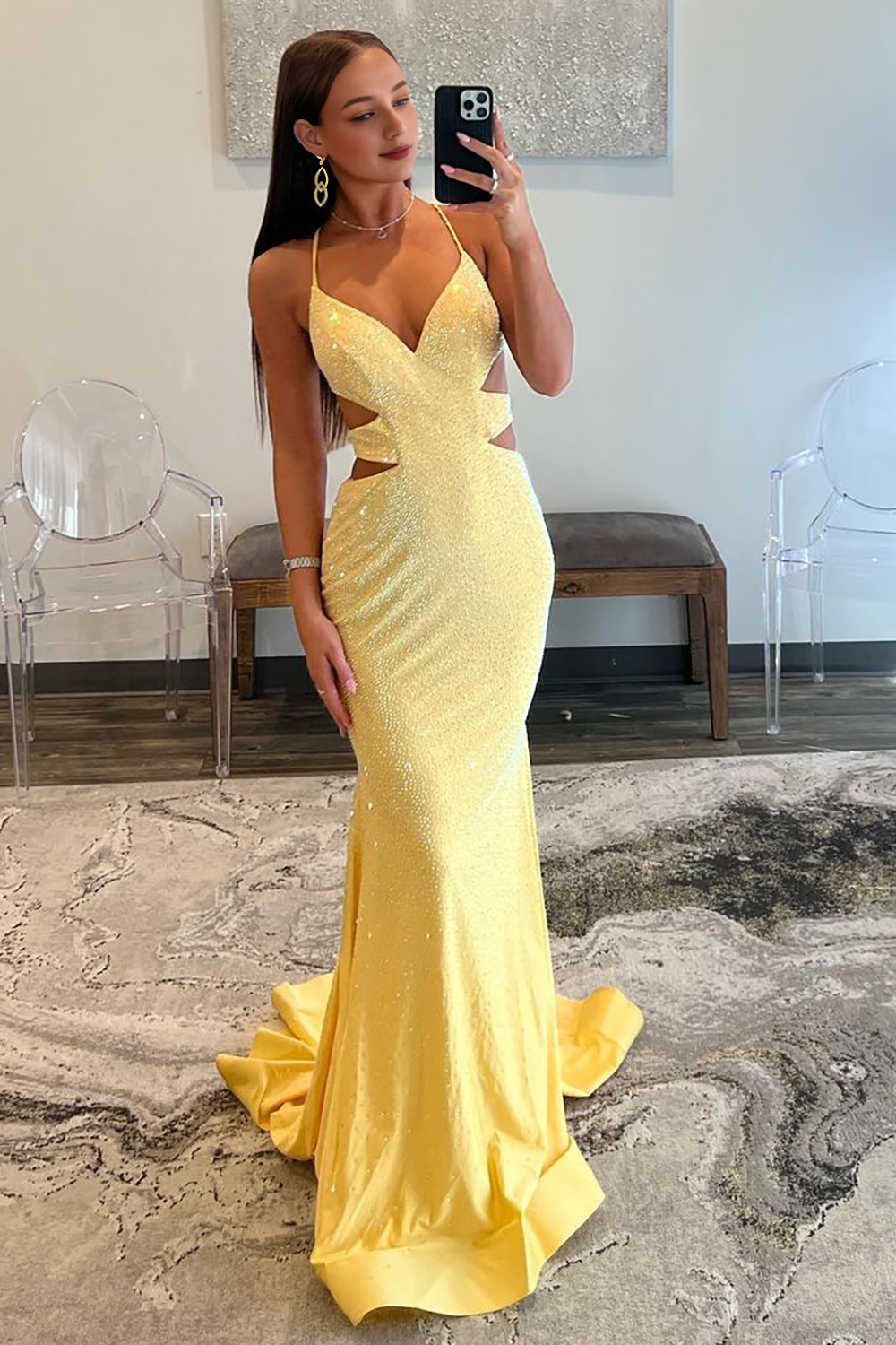Mermaid Cutout Waist Lace Up Corset Long Beaded Prom Dress