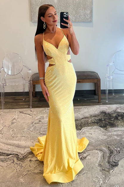 Mermaid Cutout Waist Lace Up Corset Long Beaded Prom Dress