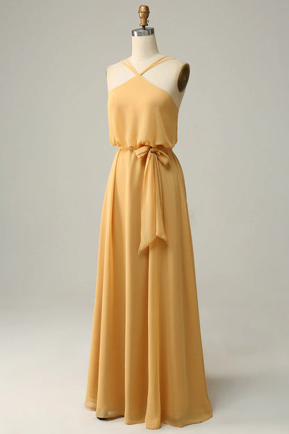 A Line Halter Long Bridesmaid Dress with Bowknot