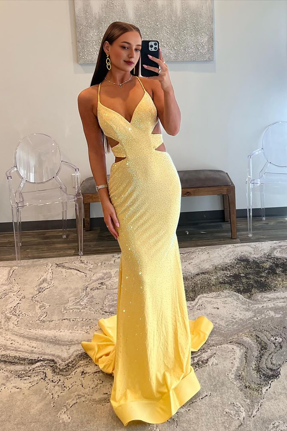 Mermaid Cutout Waist Lace Up Corset Long Beaded Prom Dress