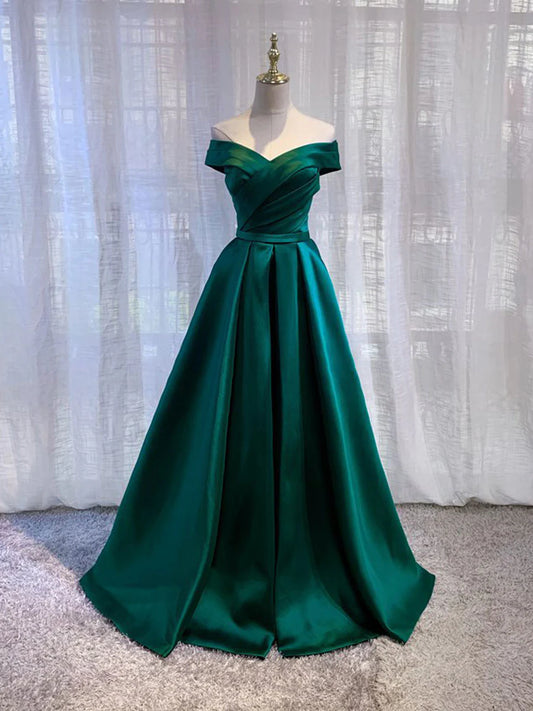 Simple green satin off shoulder long evening dress green bridesmaid dress