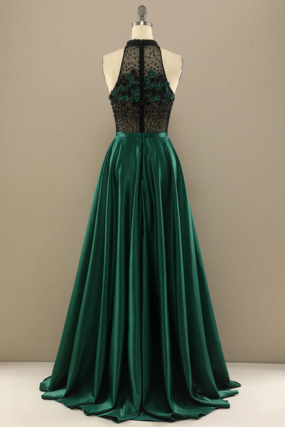 Dark green elegant flower long bead ball dress
