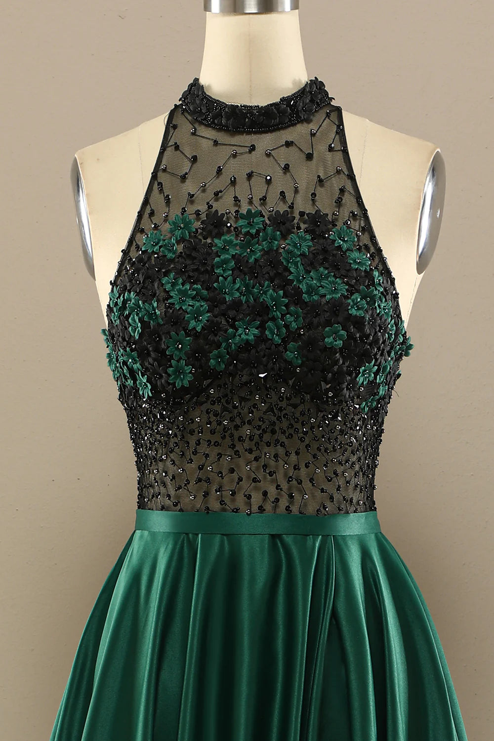 Dark green elegant flower long bead ball dress
