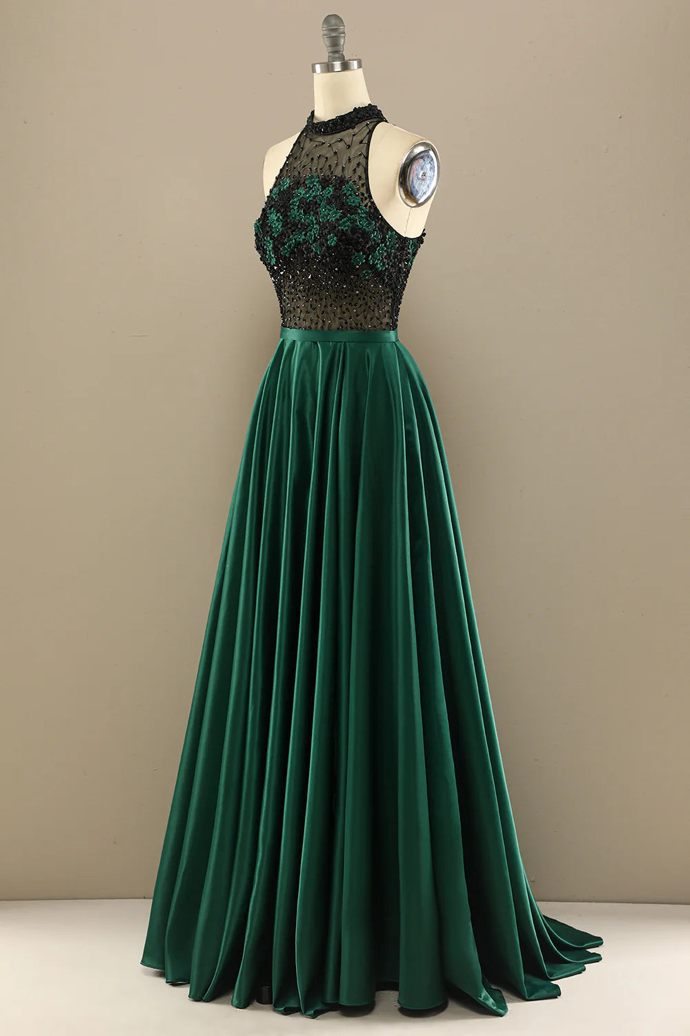 Dark green elegant flower long bead ball dress