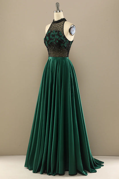 Dark green elegant flower long bead ball dress