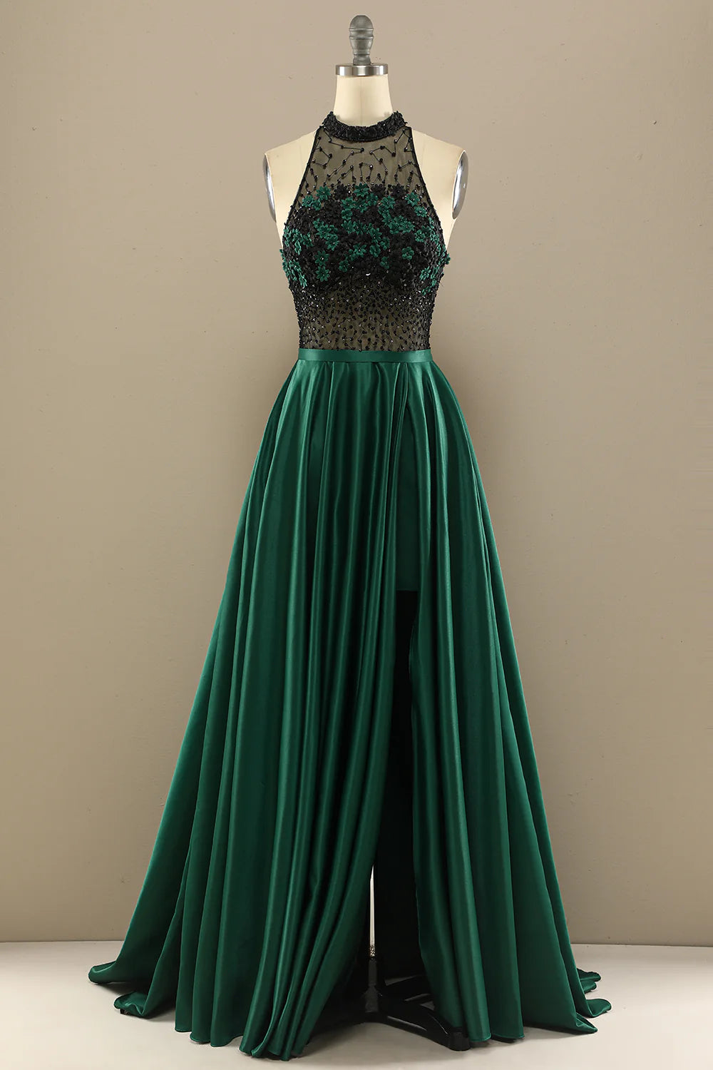 Dark green elegant flower long bead ball dress