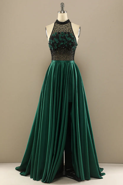 Dark green elegant flower long bead ball dress