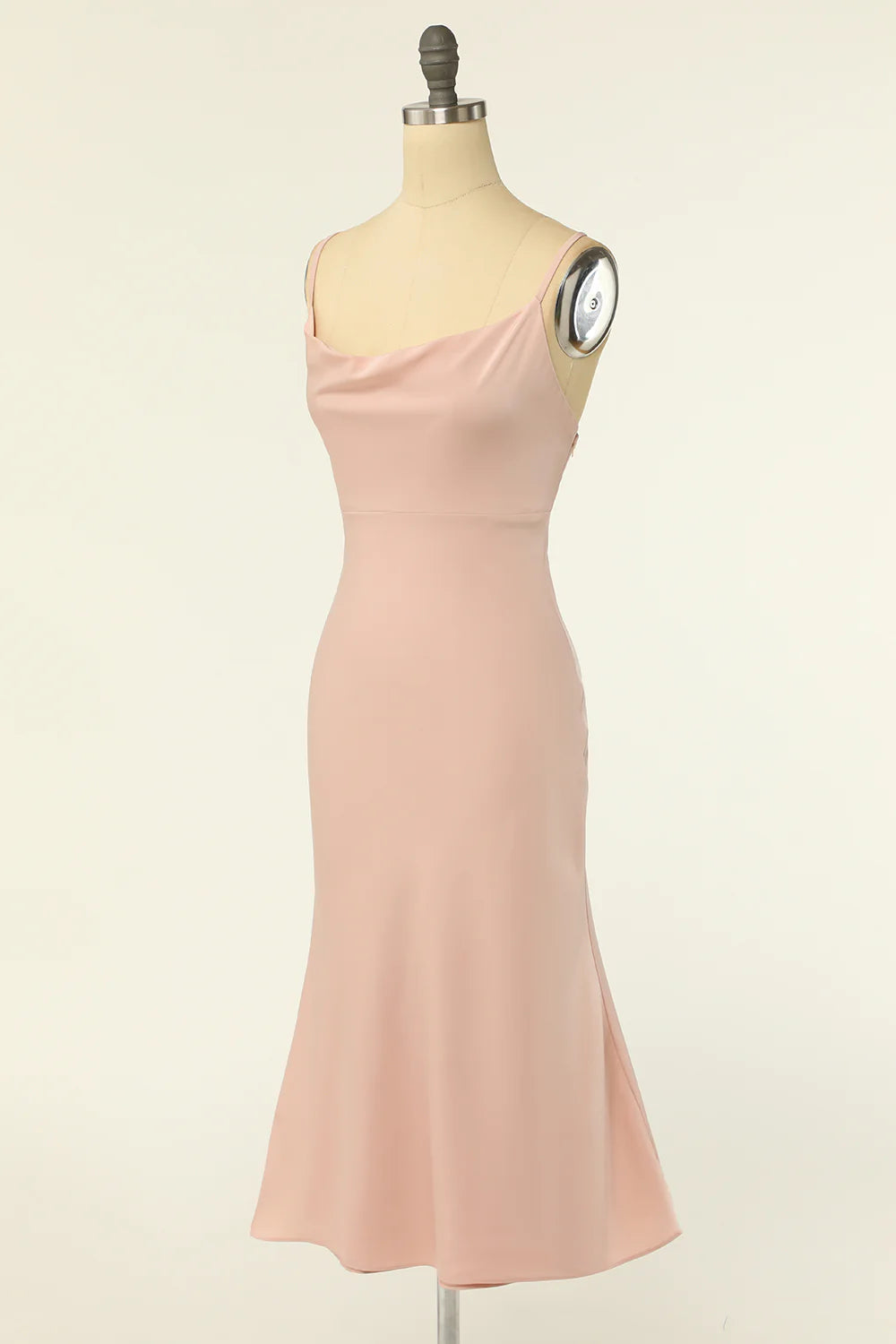 Sweet and elegant spaghetti straps powder blusher bridesmaid dress
