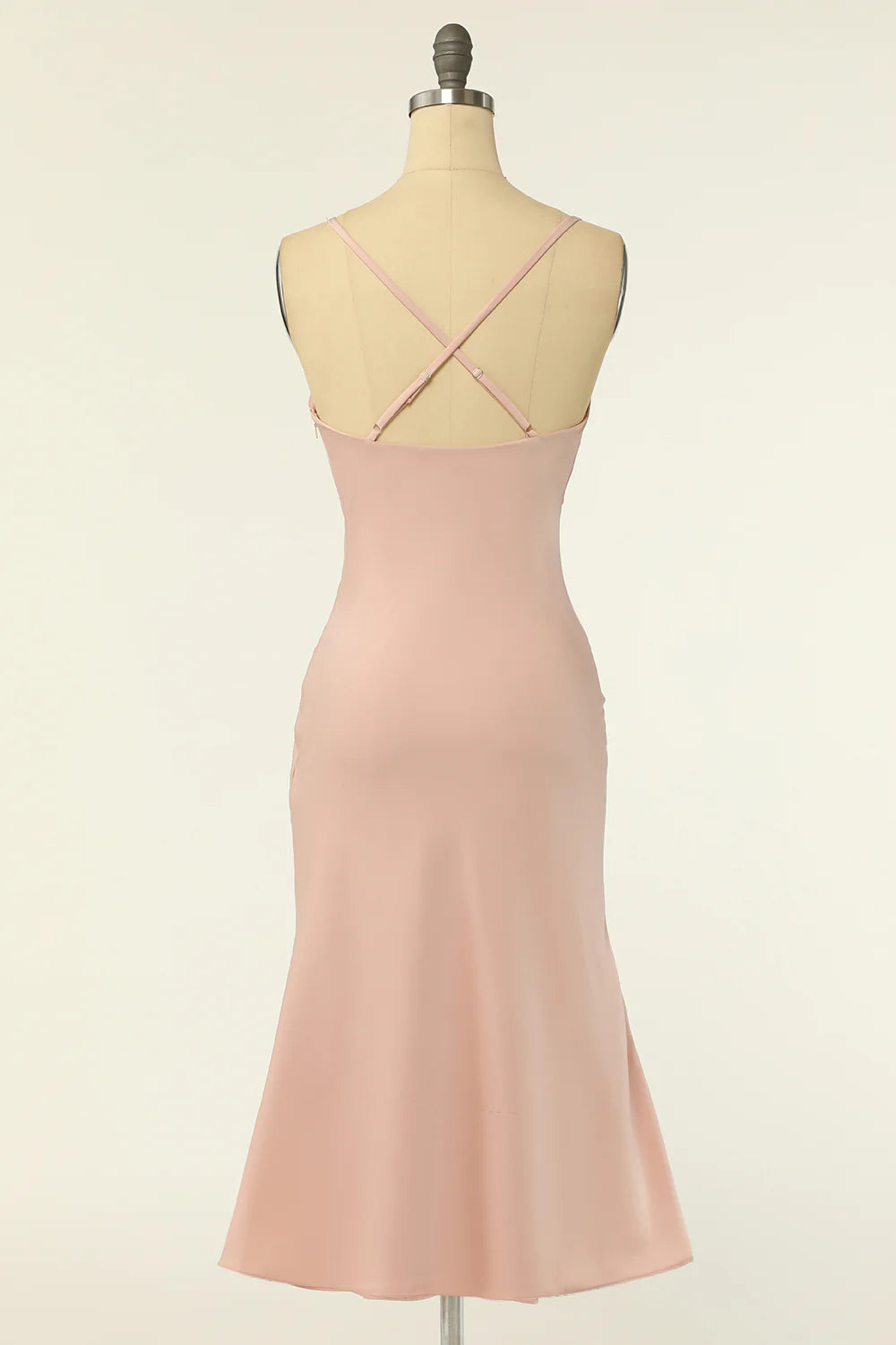 Sweet and elegant spaghetti straps powder blusher bridesmaid dress