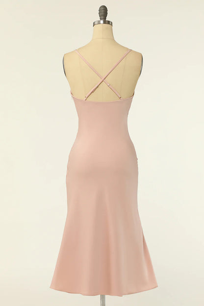 Sweet and elegant spaghetti straps powder blusher bridesmaid dress