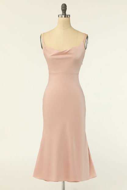 Sweet and elegant spaghetti straps powder blusher bridesmaid dress