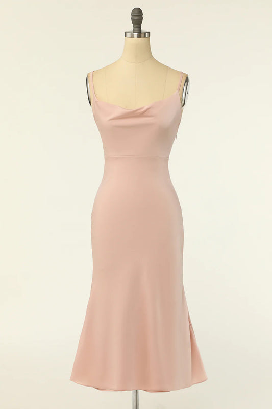 Sweet and elegant spaghetti straps powder blusher bridesmaid dress