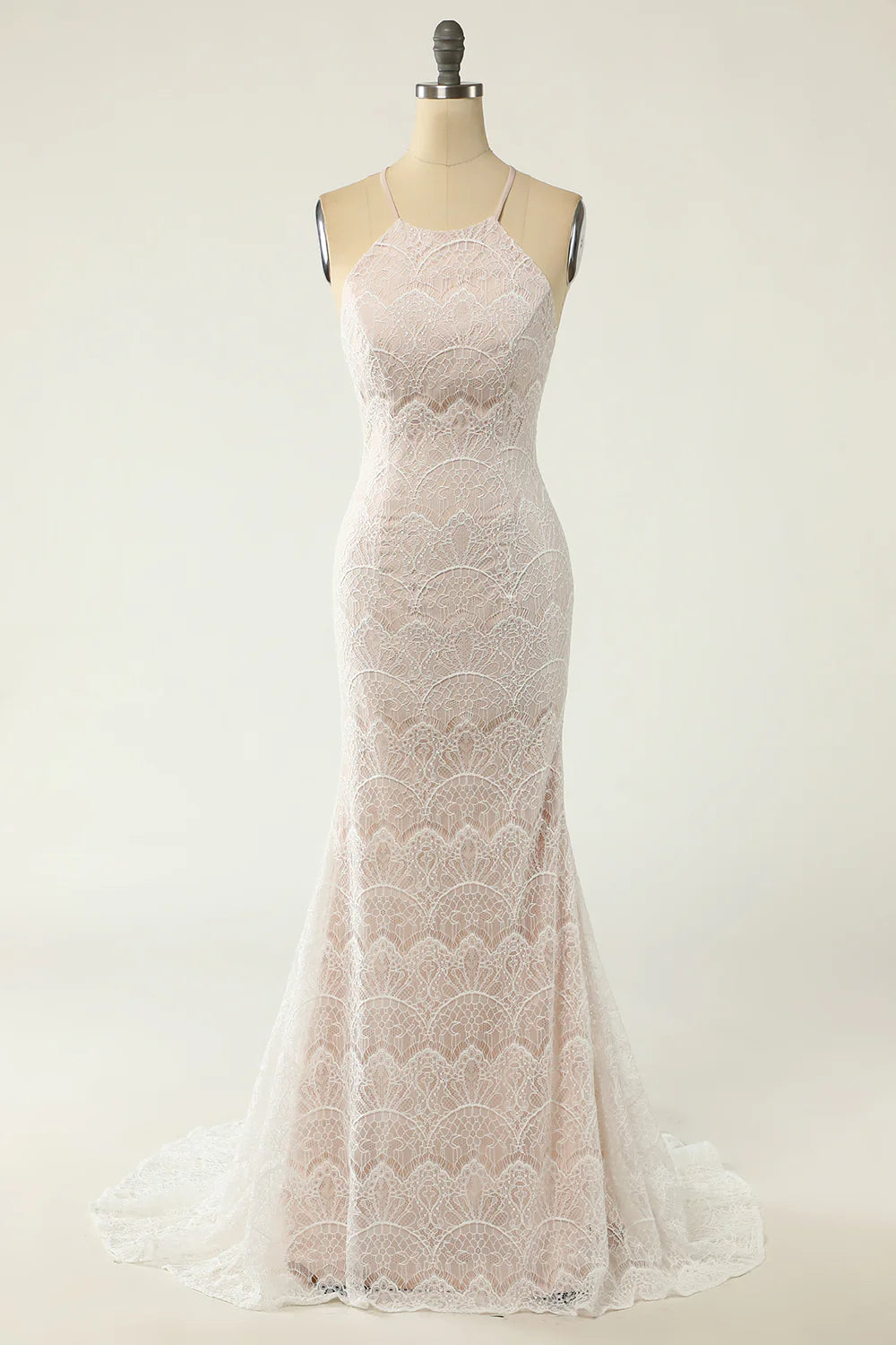Beautiful Mermaid Halter White Lace Wedding Dress with Tail
