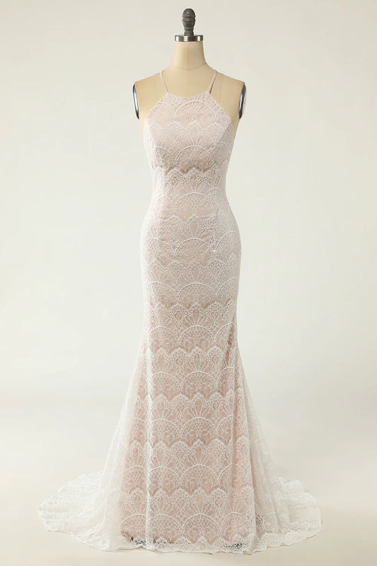 Beautiful Mermaid Halter White Lace Wedding Dress with Tail