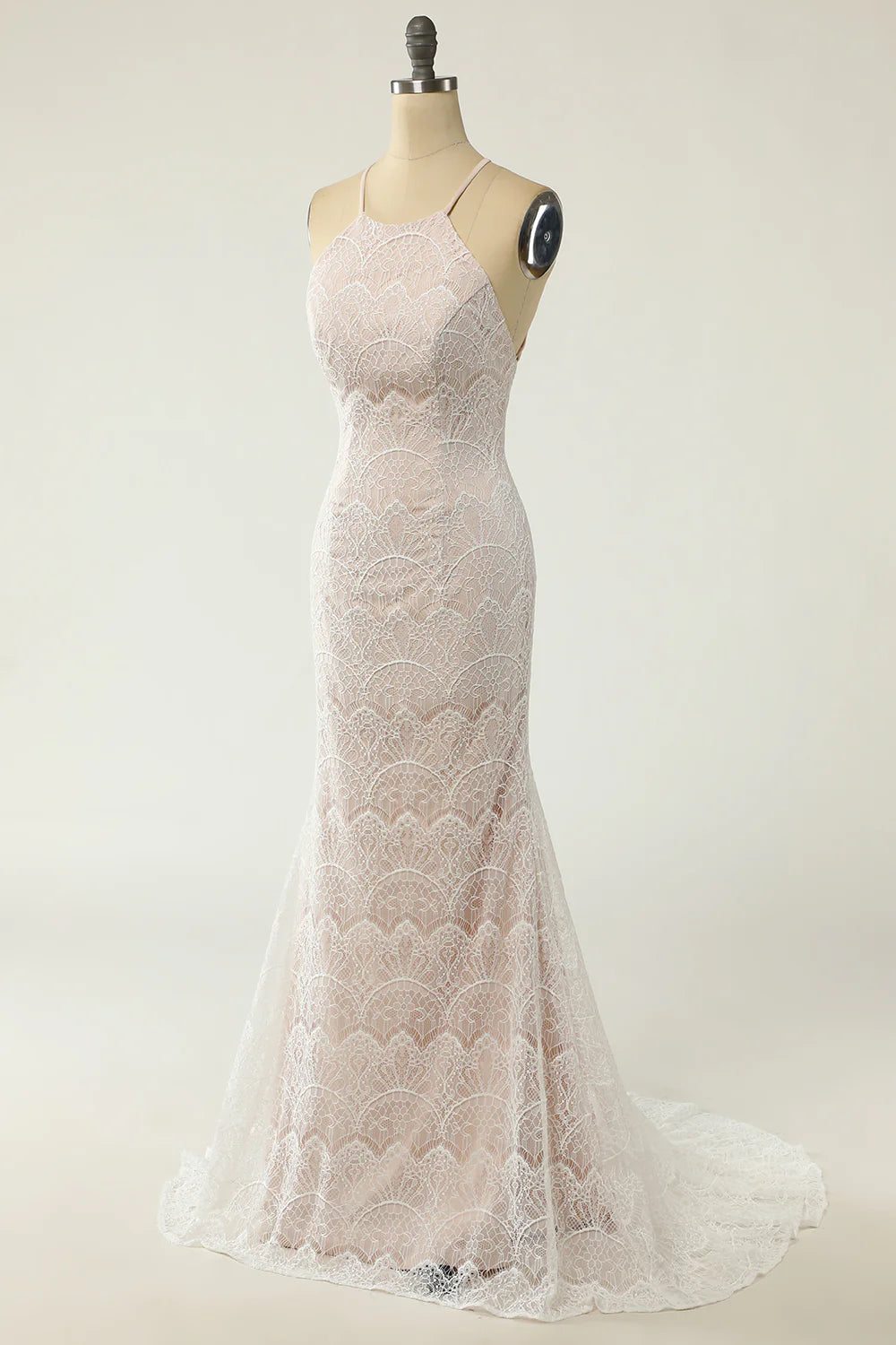 Beautiful Mermaid Halter White Lace Wedding Dress with Tail