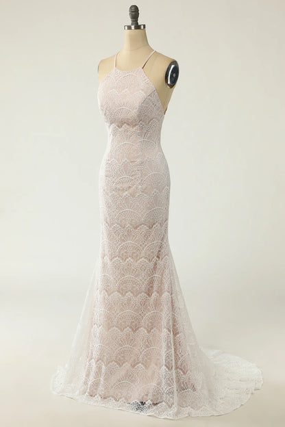 Beautiful Mermaid Halter White Lace Wedding Dress with Tail