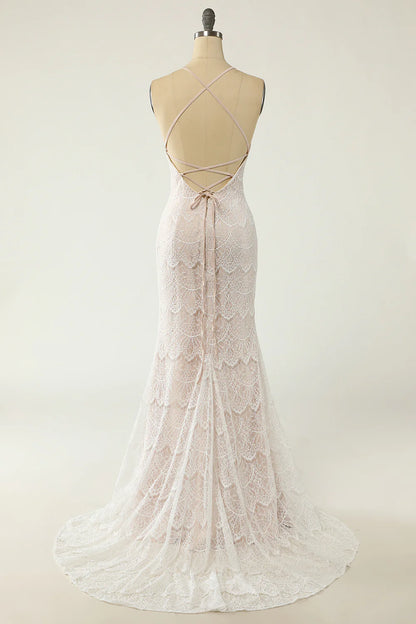 Beautiful Mermaid Halter White Lace Wedding Dress with Tail