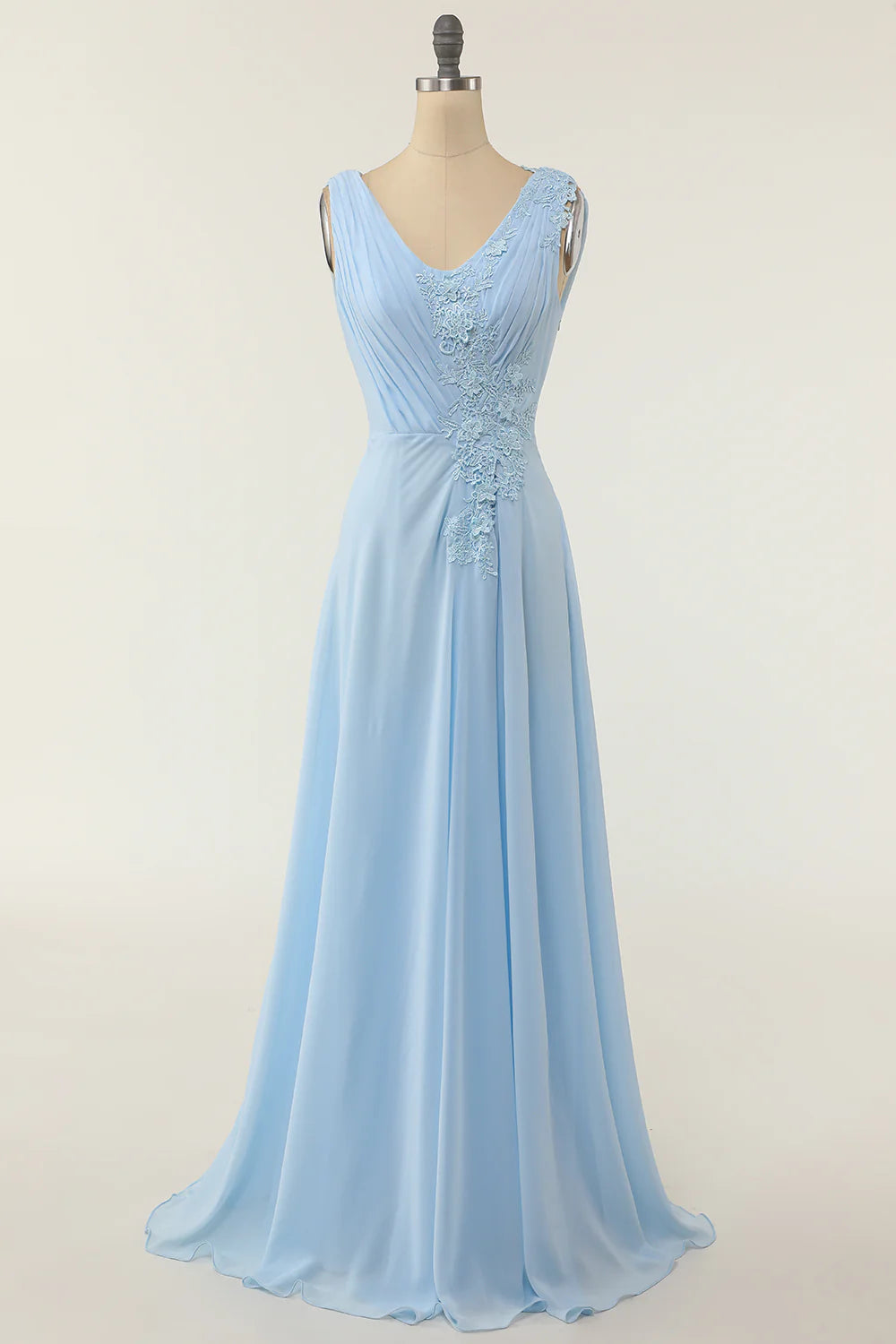 Elegant V-neck blue ruffled bridesmaid skirt