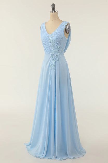 Elegant V-neck blue ruffled bridesmaid skirt