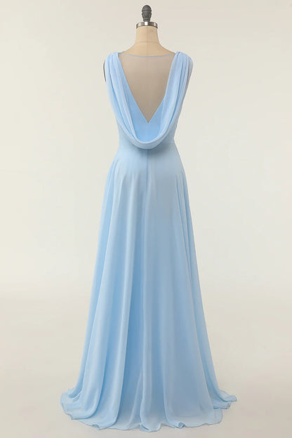 Elegant V-neck blue ruffled bridesmaid skirt